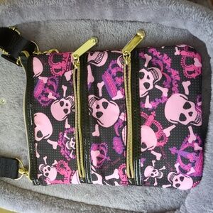 Betsey Johnson pink black Cross body bag with skulls